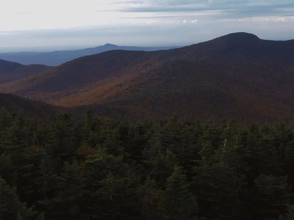 Forested mountains in Vermont under a cloudy sky.